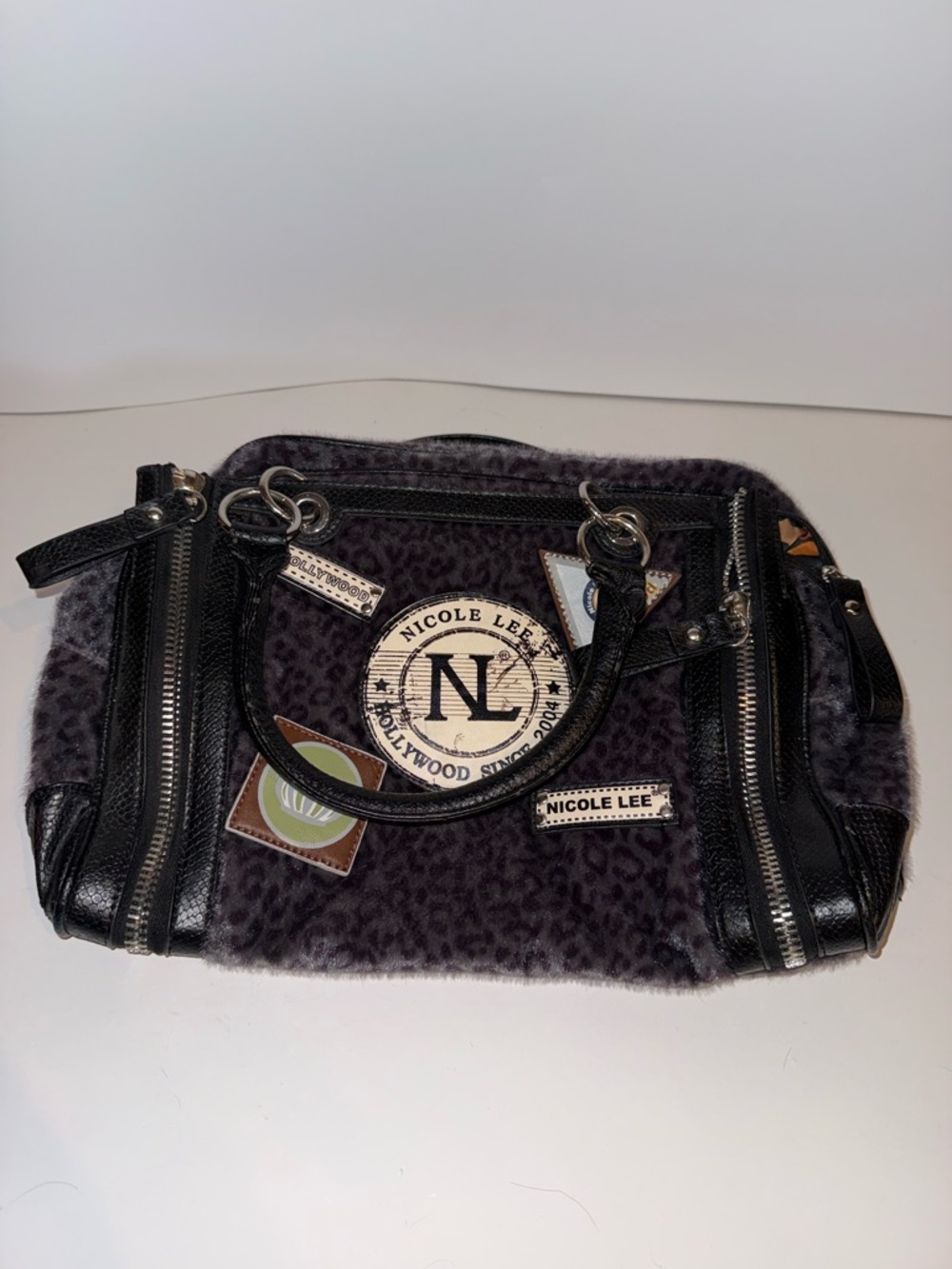 Nicole Lee Charcoal Leopard Patchwork Satchel